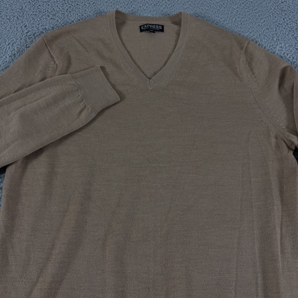 Express Sweater Mens Large Brown 100% Merino Wool V-Neck Italian Designer Preppy